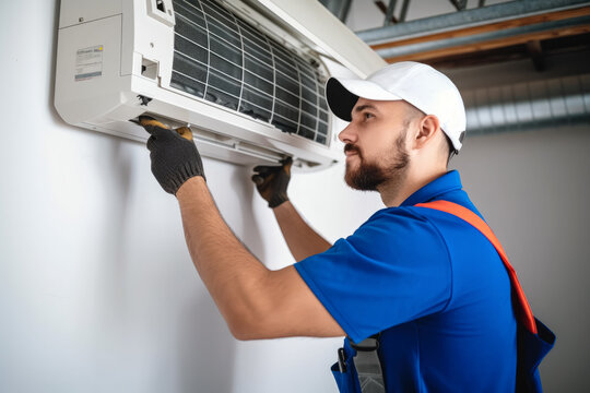HVAC technician installing a mini split air conditioner in Eagle Mountain