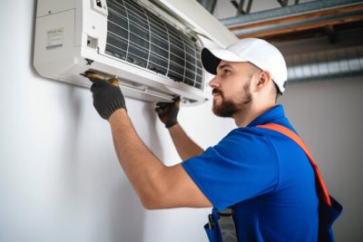 Air conditioning technician servicing a wall-mounted AC unit in Eagle Mountain, UT