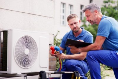 HVAC technicians reviewing an outdoor air conditioning unit in Eagle Mountain, UT